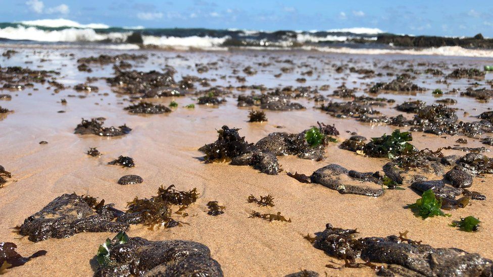 Oil blobs are seen on the sand of the Pituba beach located in the city of Salvador, Bahia state