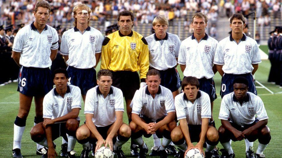 Peter Shilton with the England team ahead of the semi final against Germany in the 1990 World Cup. Back Row: Terry Butcher, Mark Wright, Peter Shilton, Stuart Pearce, David Platt, Gary Lineker: Front Row: Des Walker, Chris Waddle, Paul Gascoigne, Peter Beardsley and Paul Parker.