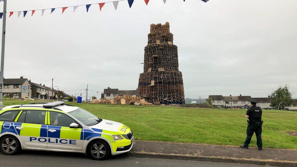 The scene where a man died after falling from a bonfire on the Antiville estate in Larne, Co Antrim last night.