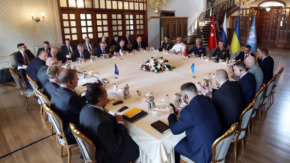 Turkish, Russian, Ukrainian and UN diplomats during the meeting for grain talks in Istanbul, Turkey, 13 July 2022