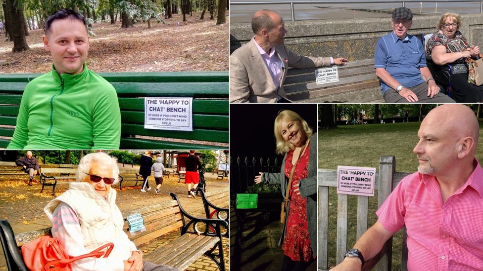 collection of photos of people sat at benches