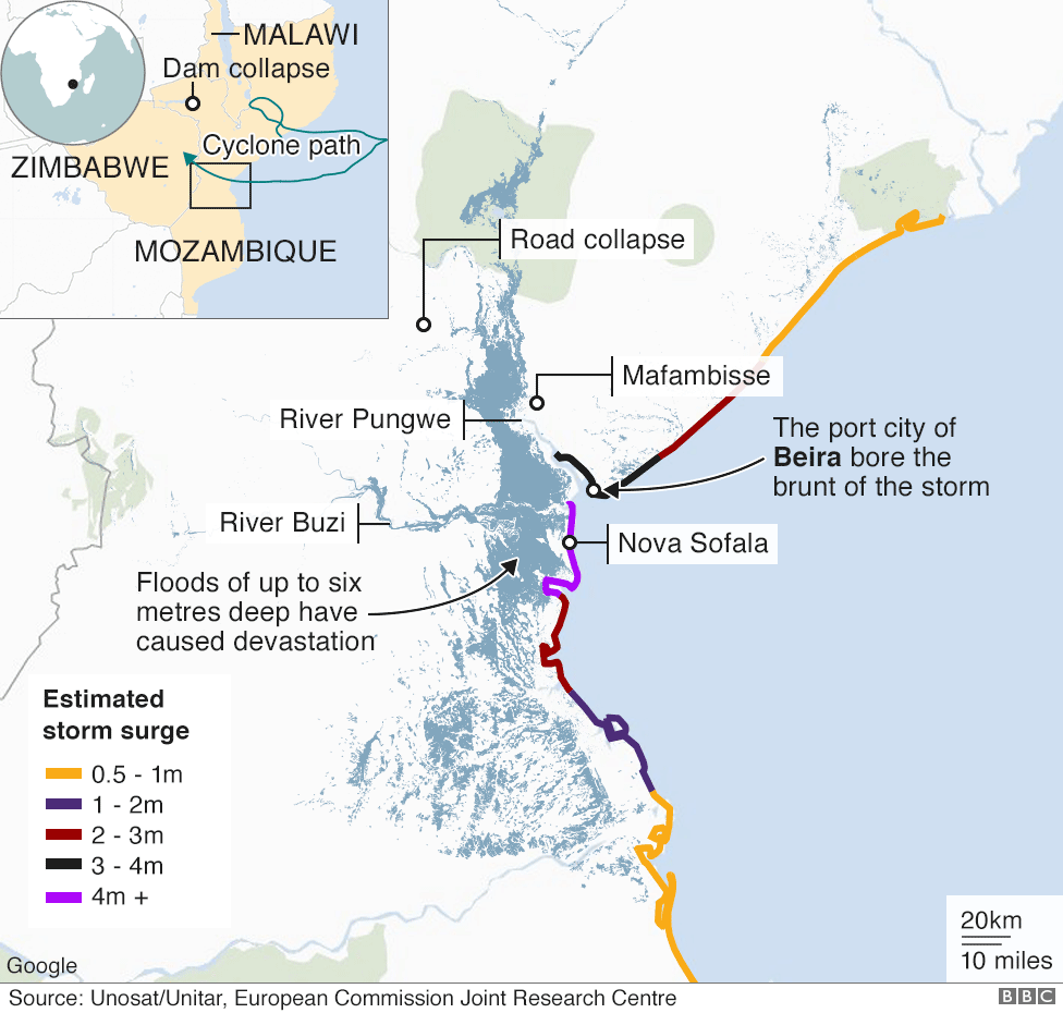 Map showing areas affected by flooding caused by Cyclone Idai