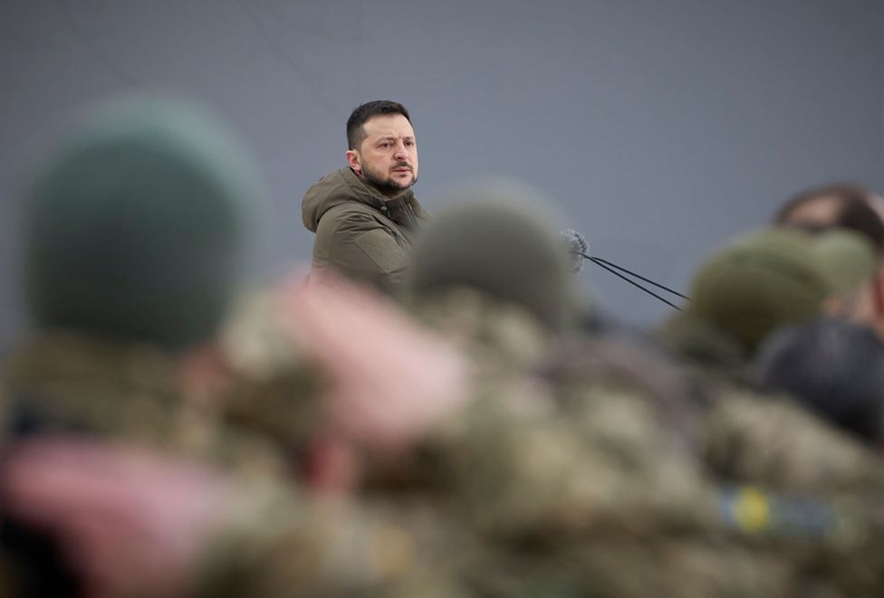 A handout picture made available by the presidential press service shows Ukrainian President Volodymyr Zelensky speaking at the event 'February, Year, Invincibility' on Sofiivska Square in Kyiv, Ukraine, 24 February 2023 on the first anniversary of the Russian invasion.