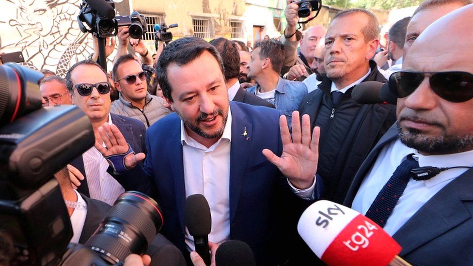 Italian Interior Minister Matteo Salvini speaks to reporters in Rome on 24 October 2018
