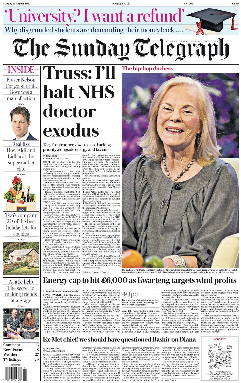 The Sunday Telegraph front page 21 August 2022