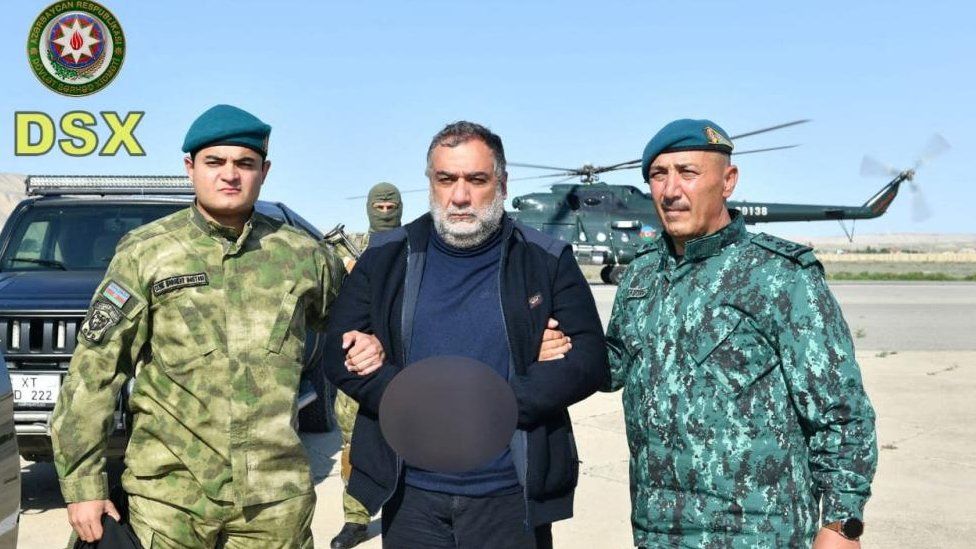 Ruben Vardanyan is seen detained by Azerbaijan's border service personnel in unidentified location, Azerbaijan, in this picture released September 27, 2023
