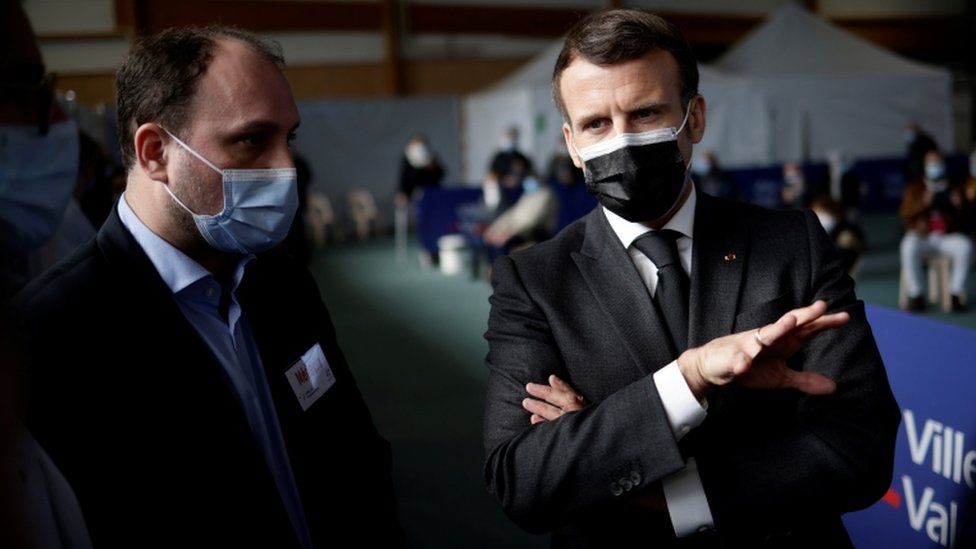 French President Emmanuel Macron visits a COVID-19 vaccination centre in Valenciennes, France March 23, 2021.