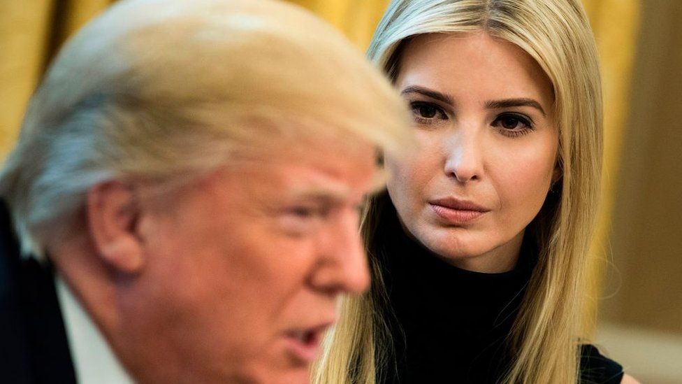 Ivanka Trump listens while her father US President Donald Trump speaks via video with NASA astronauts.