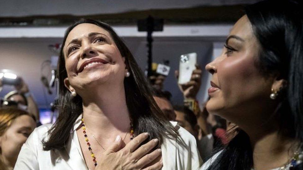 Maria Corina Machado reacts after getting the primary election results in Caracas, Venezuela, early 23 October 2023.