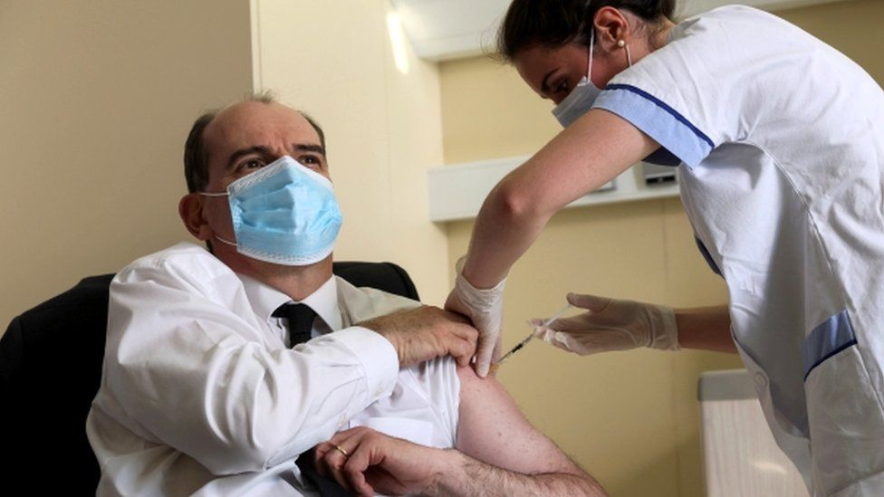 French Prime Minister Jean Castex is vaccinated with the AstraZeneca coronavirus vaccine, in Saint-Mande