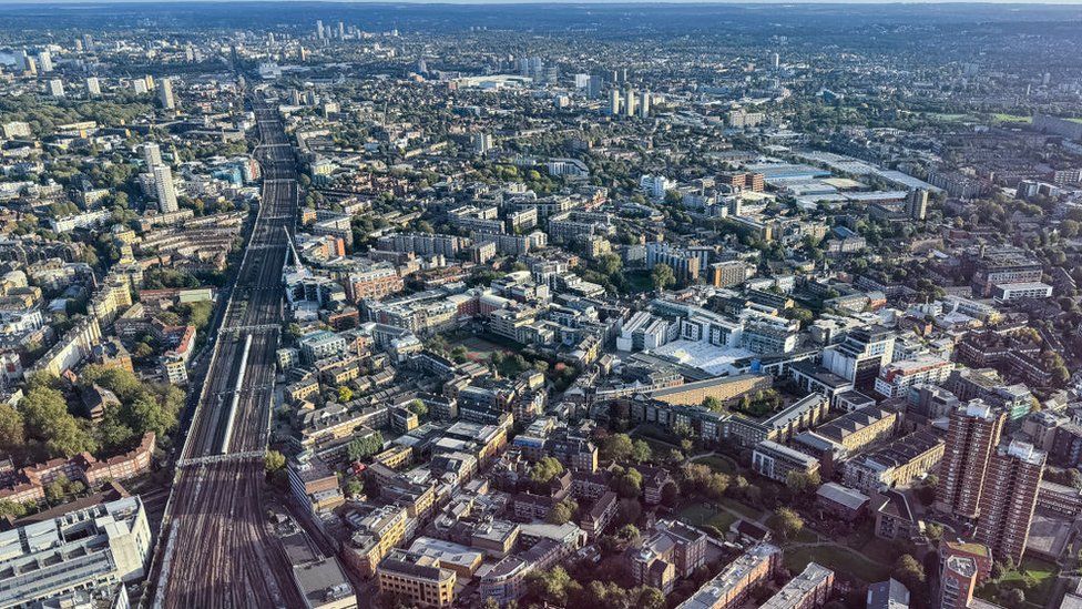An aerial view of buildings and train tracks near London Bridge railway station