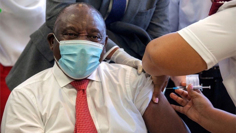 South African President Cyril Ramaphosa receives the Johnson and Johnson vaccination at the Khayelitsha Hospital near Cape Town, South Africa, February 17, 2021.