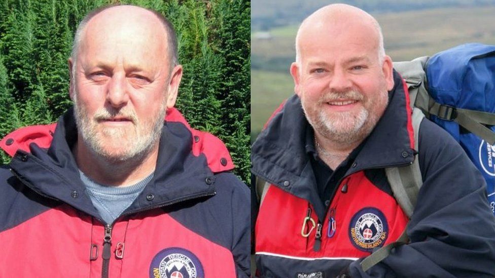 Pictures of two men in red mountain rescue jackets