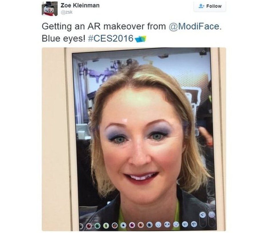 Tweet by Zoe Kleinman: "Getting an AR makeover from Modiface. Blue eyes!"