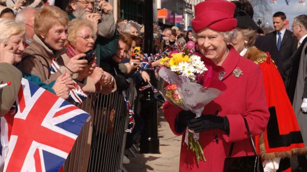 Queen Elizabeth II meets the public during a walkabout in Stafford on March 31, 2006.