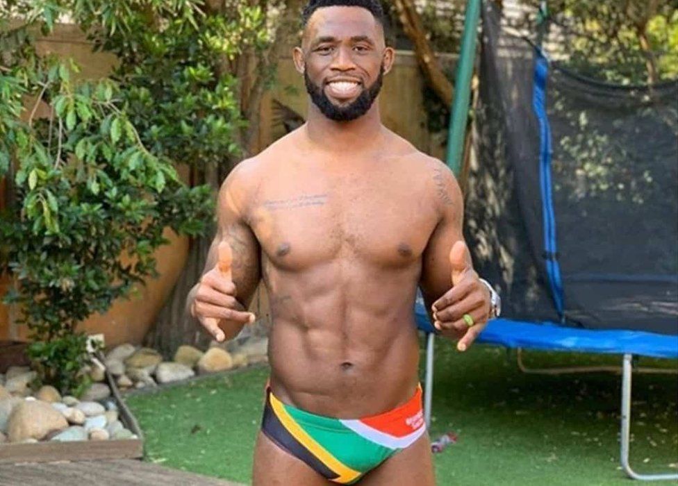 South African rugby captain Siya Kolisi pictured in flag-emblazoned underpants