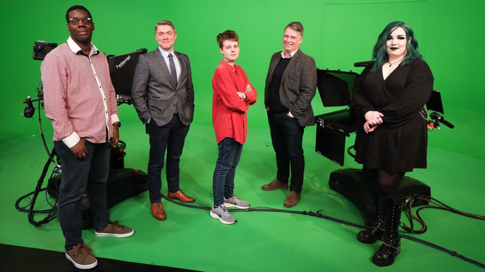 Adam Smyth, Interim Director BBC Northern Ireland with Richard Williams, Chief Executive, Northern Ireland Screen announce the new CINE programme with trainees Joshah, Luke and Megan