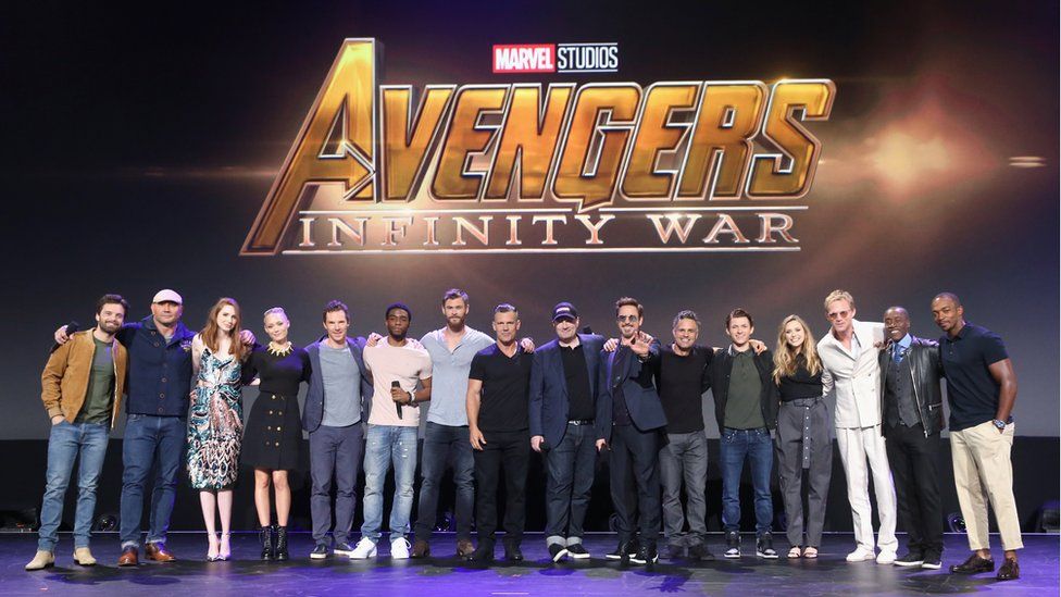 The cast of Avengers: Infinity War on stage with Kevin Feige, the president of Marvel Studios.