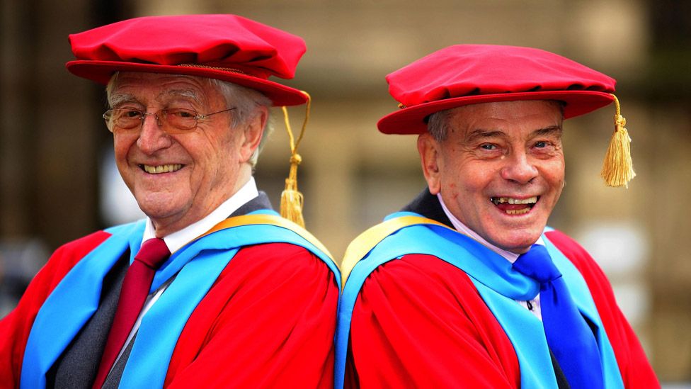 Sir Michael Parkinson (left) and Dickie Bird at the Huddersfield University campus in Barnsley, where they received honorary doctorates, 2008