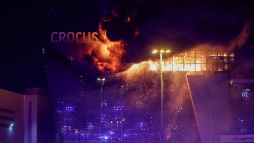 Fire engulfs the roof of the Crocus City Hall in Moscow