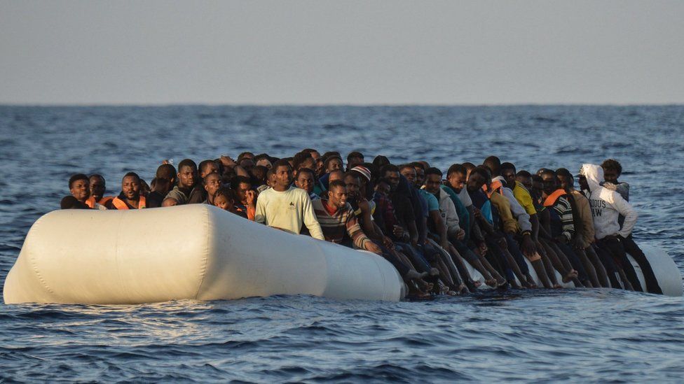 Migrants on rubber boat before being rescued off the Libyan coast in the Mediterranean Sea, on November 3, 2016.