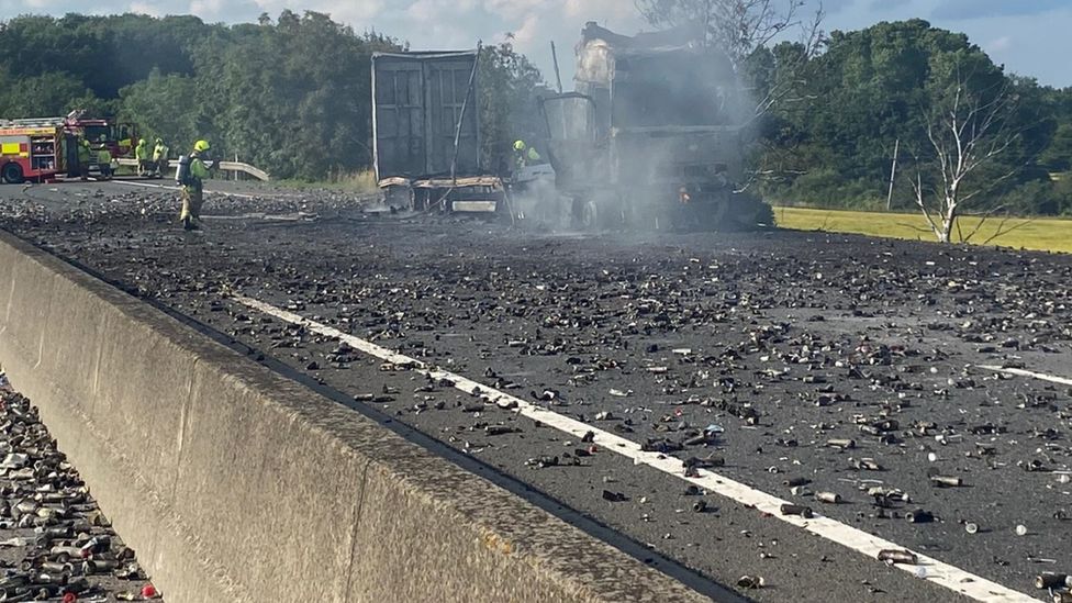 Aftermath of lorry fire, M11