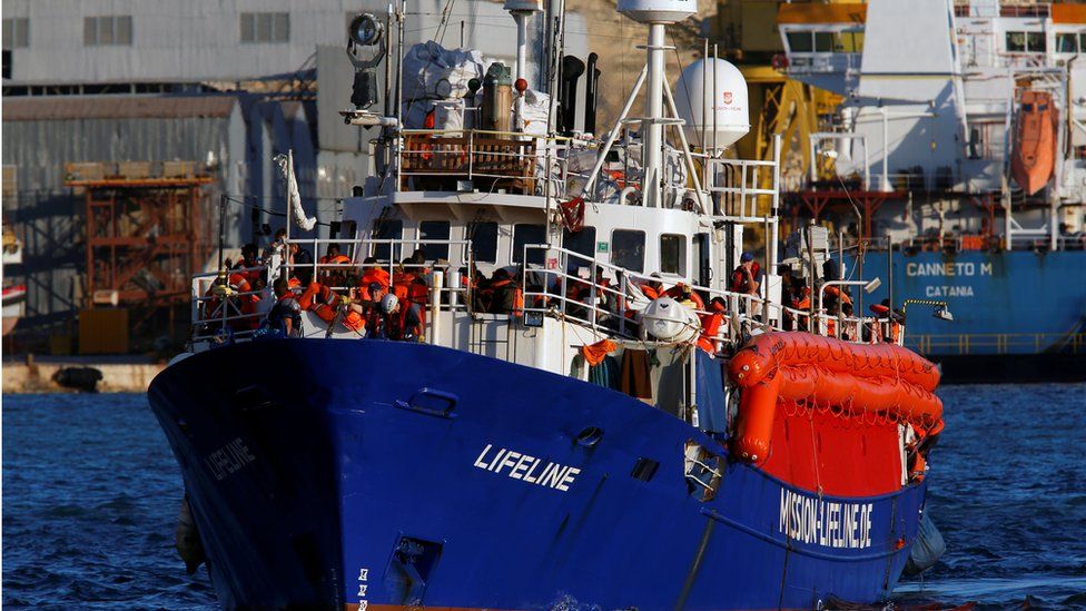 The charity ship Lifeline is seen at Boiler Wharf in Senglea, in Valletta's Marsamxett Harbour, Malta