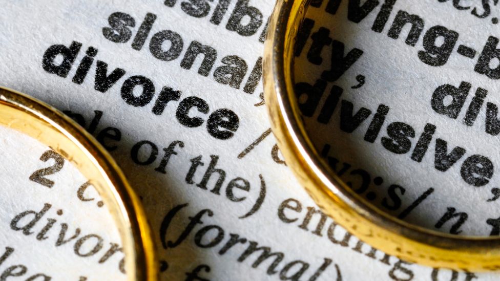Rings on a dictionary opened on the definition of divorce