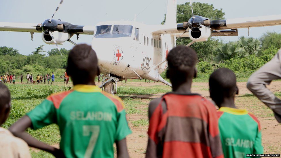 An ICRC aircraft lands at Udier, in Upper Nile state, South Sudan