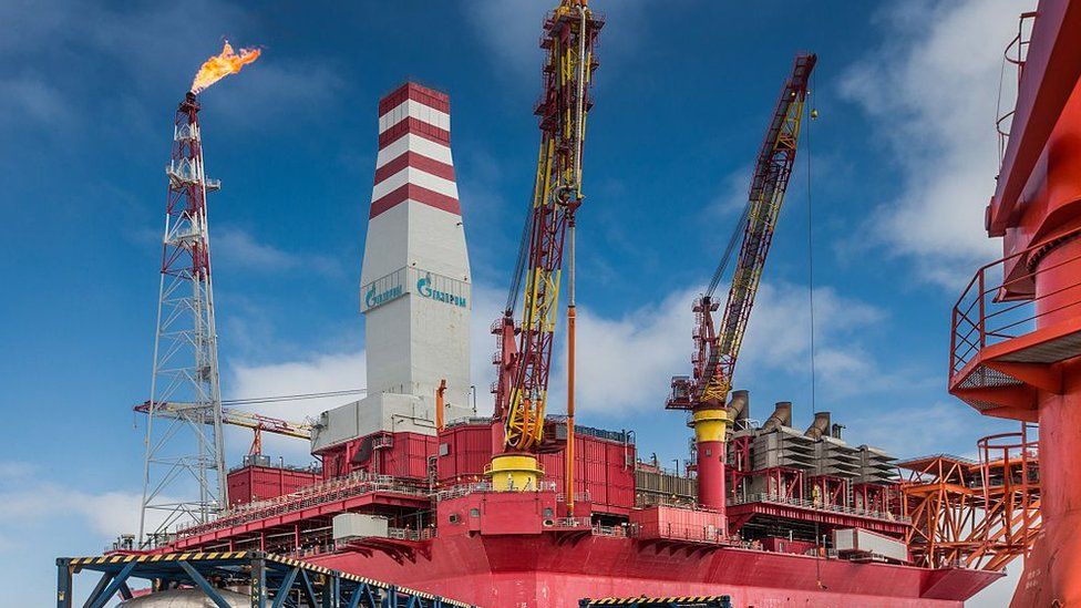 oil-producing platform is seen at Pechora Sea, Russia