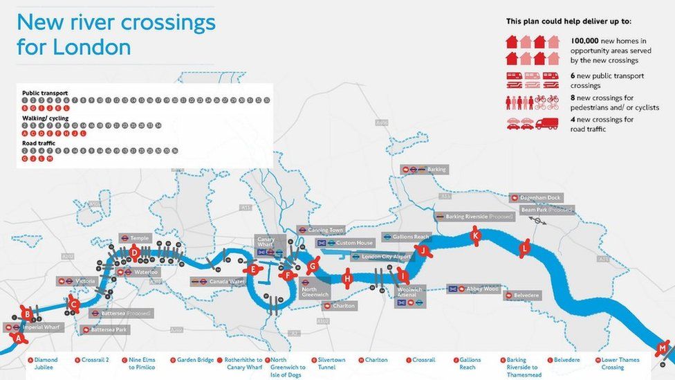 Plans for 13 bridges and tunnels to connect London across the Thames