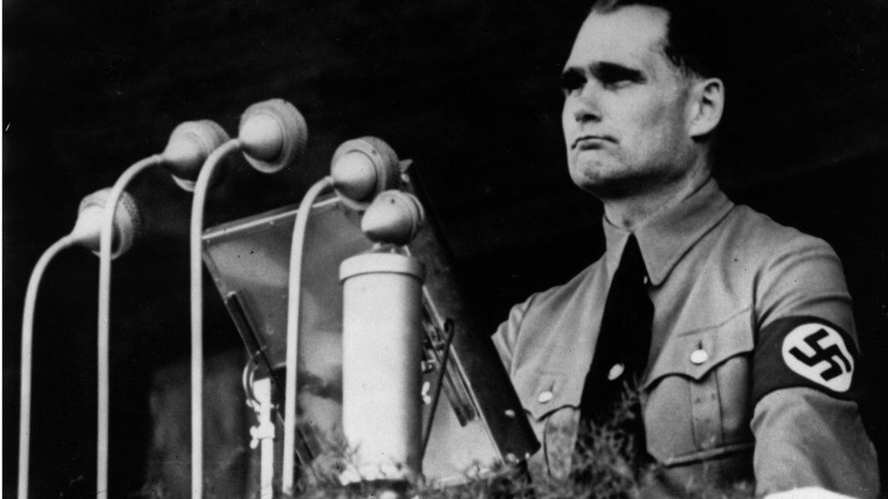 Rudolf Hess (1895 - 1987), German politician and wartime deputy of Adolf Hitler, during a public speech.