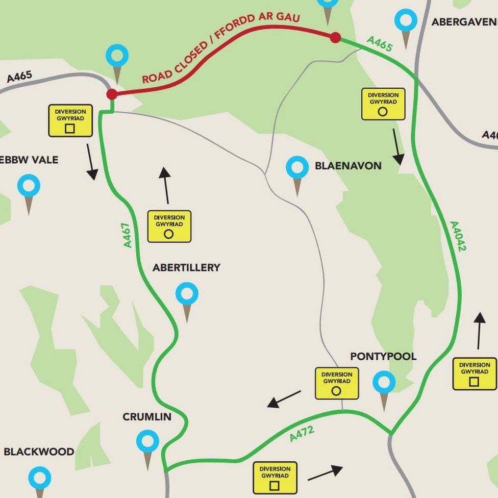 The diversion map for the Heads of the Valleys road works