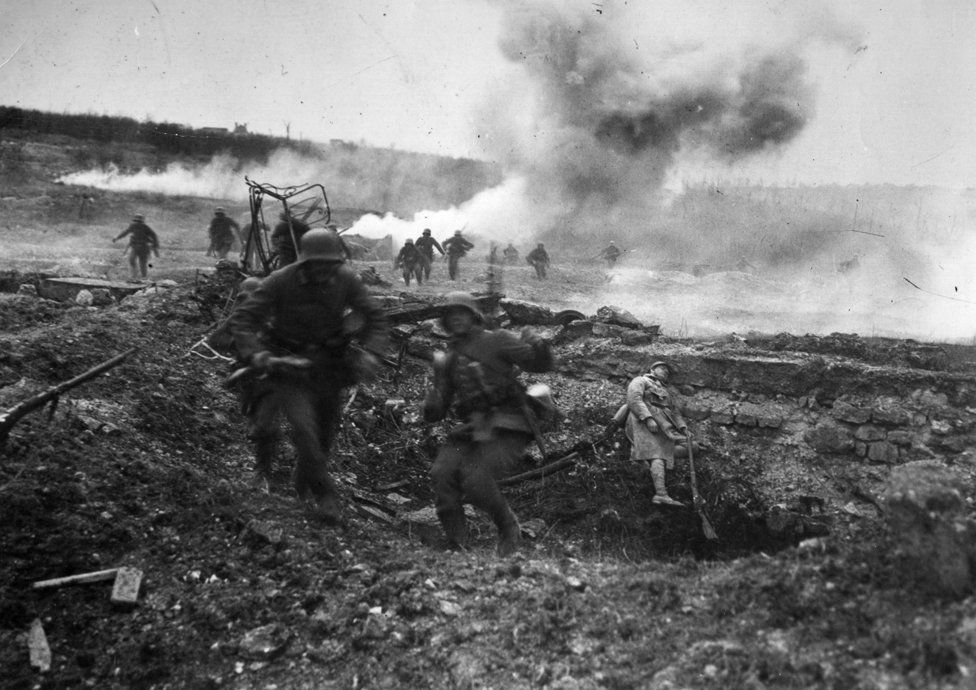 German soldiers advance across No Man's Land during WWI