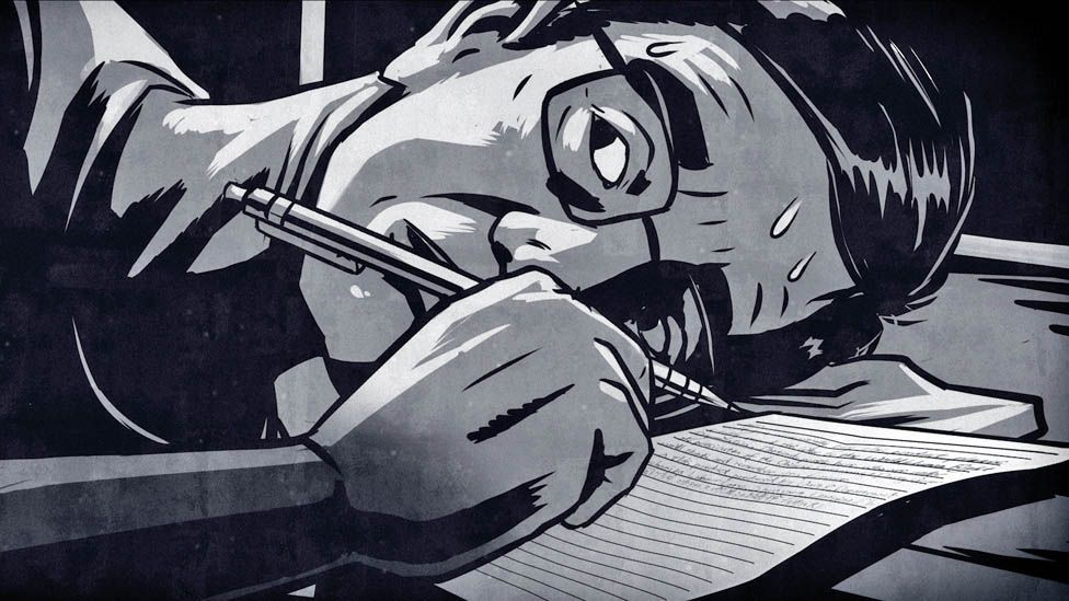 Illustration of Sun Yi writing a letter in bed