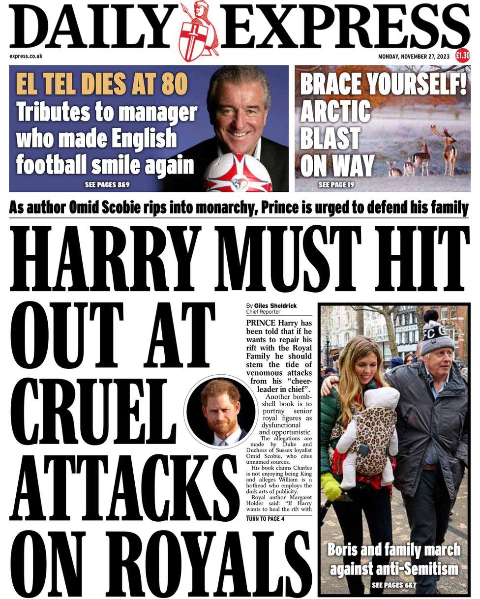 Prince Harry told he must 'hit out' at 'cruel' verbal attacks on Royal Family, according to the front of the Daily Express