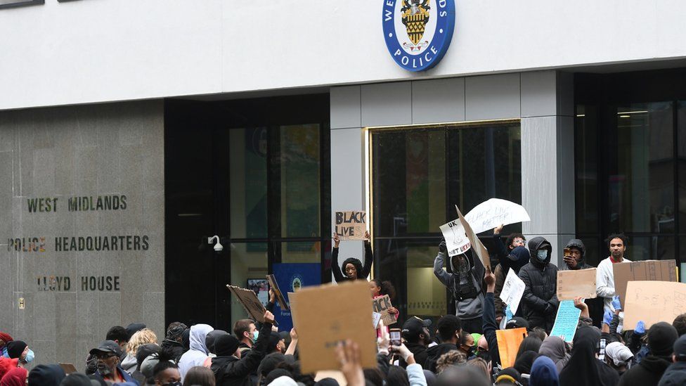 Demonstrators outside West Midlands Police Headquarters