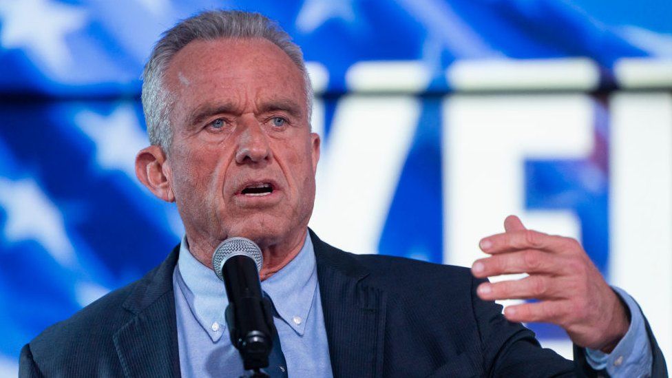 Independent Presidential candidate Robert F Kennedy Jr speaks during a campaign rally in December 2023 in Arizona