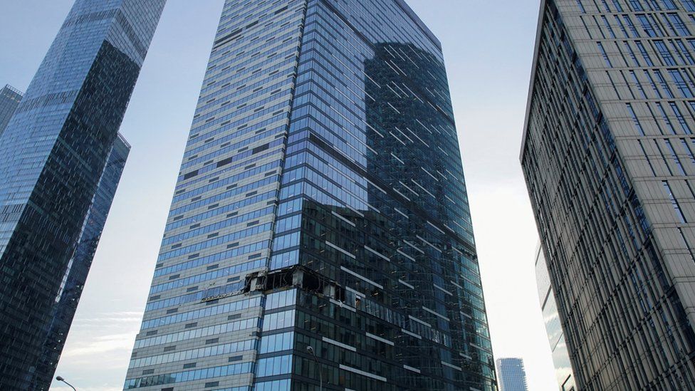 A damaged building in Moscow's Moskva City complex. Photo: 30 July 2023