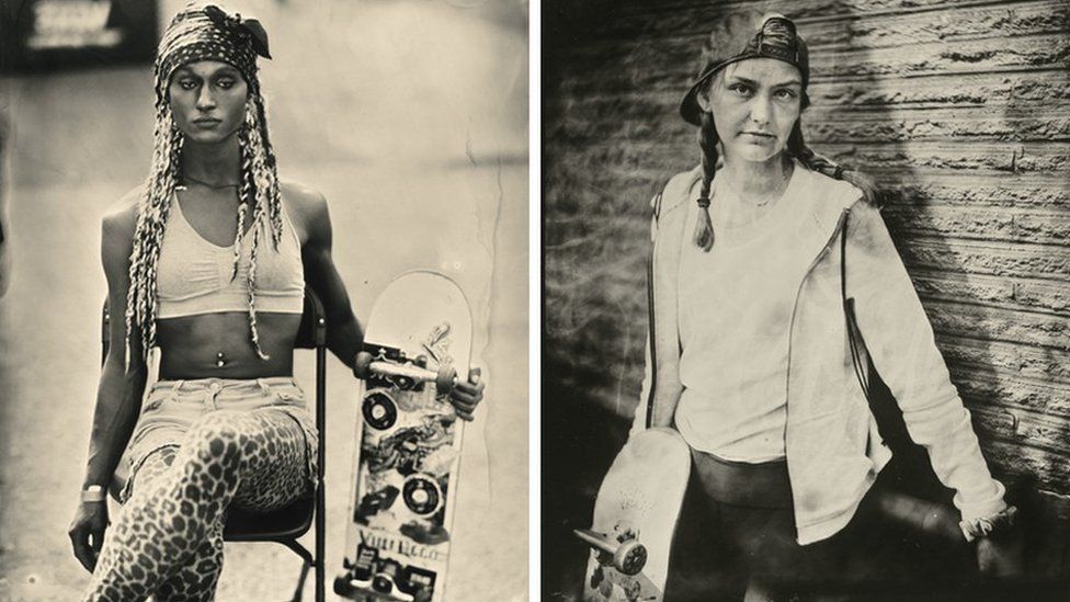 Composite of two portraits of skateboarders, Jasmine and Amelia