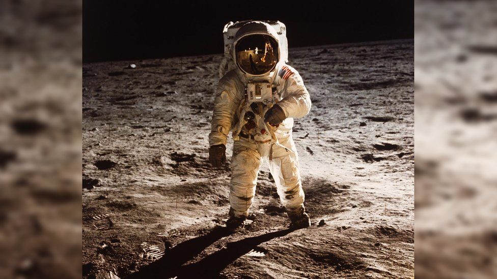 Astronaut Buzz Aldrin walking on the Moon