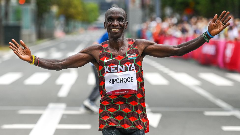 Kenya's Eliud Kipchoge crossing the finish line at the men's Olympic marathon in Sapporo, Japan - Sunday 8 August 2021