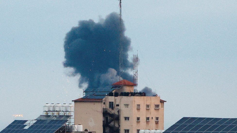 Smoke rises after an Israeli air strike in northern Gaza on 23 February 2023