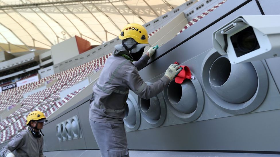 Workers at the Al Bayt stadium in Qatar
