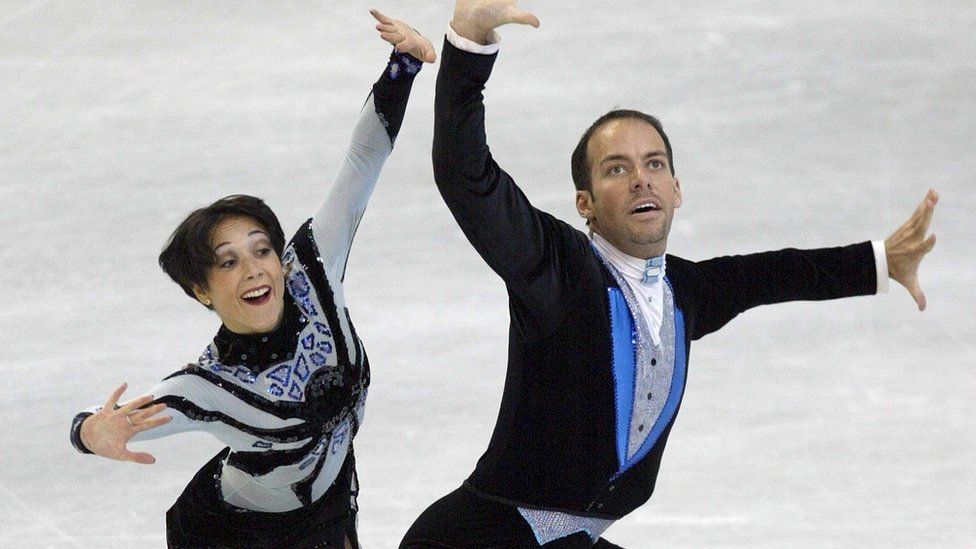 Sarah Abitbol and Stephane Bernadis perform their pairs free skating at the 2002 European Figure Skating Championships, in Lausanne on 16 January 2002