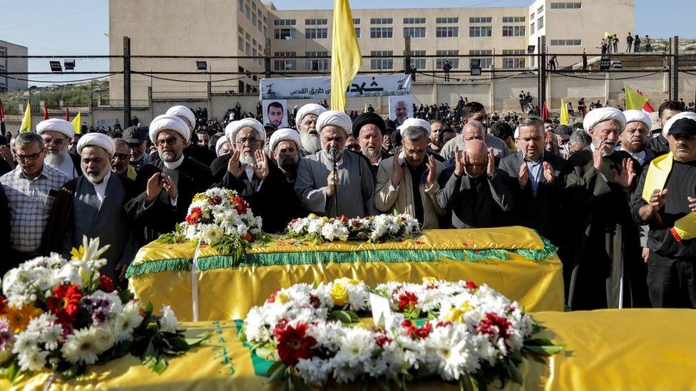 Hezbollah supporters attended the funerals of two alleged commanders killed in Israeli air strikes on Tuesday, Ismail Youssef Baaz and Mohammed Hussein Mustafa Shehoury, in Chehabiyeh, Lebanon (17 April 2024)