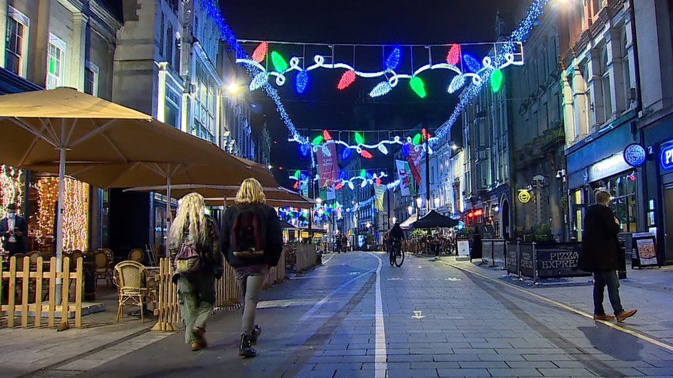 Cardiff city centre at night with festive street lights
