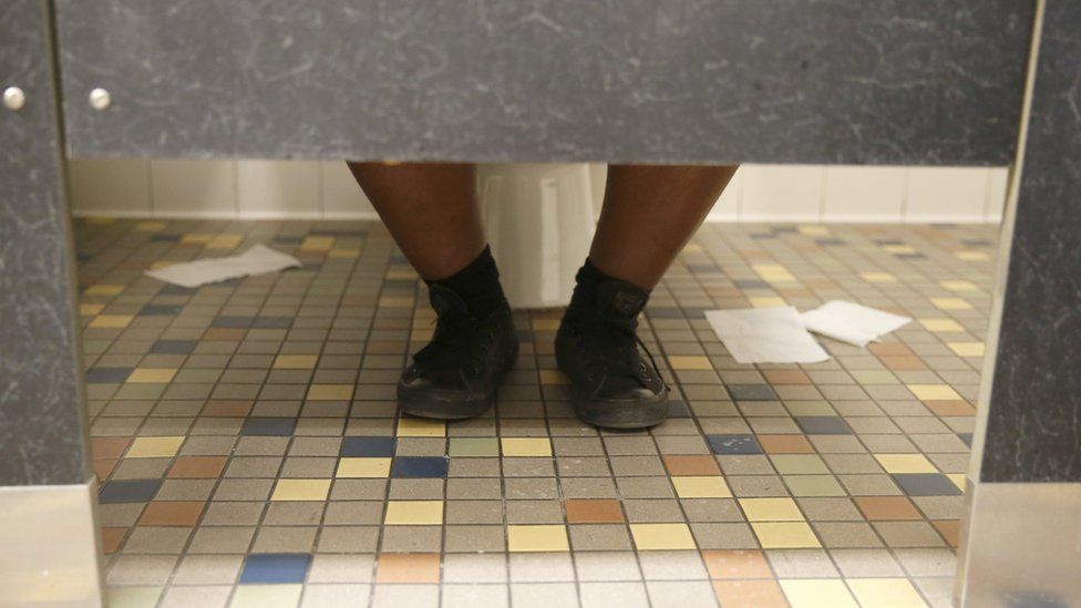 A student sits on the toilet in the first gender-neutral restroom in the Los Angeles school district at Santee Education Complex high school in Los Angeles, California, U.S., April 18, 2