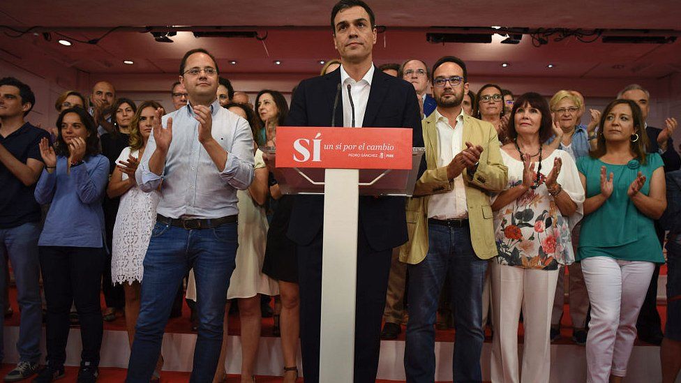 PSOE leader Pedro Sanchez applauded after delivering speech following Spain"s general election. 26 June 2016
