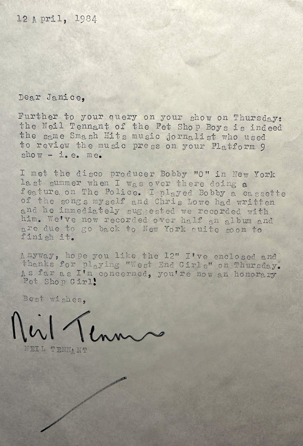 Neil Tennant's letter to Janice Long